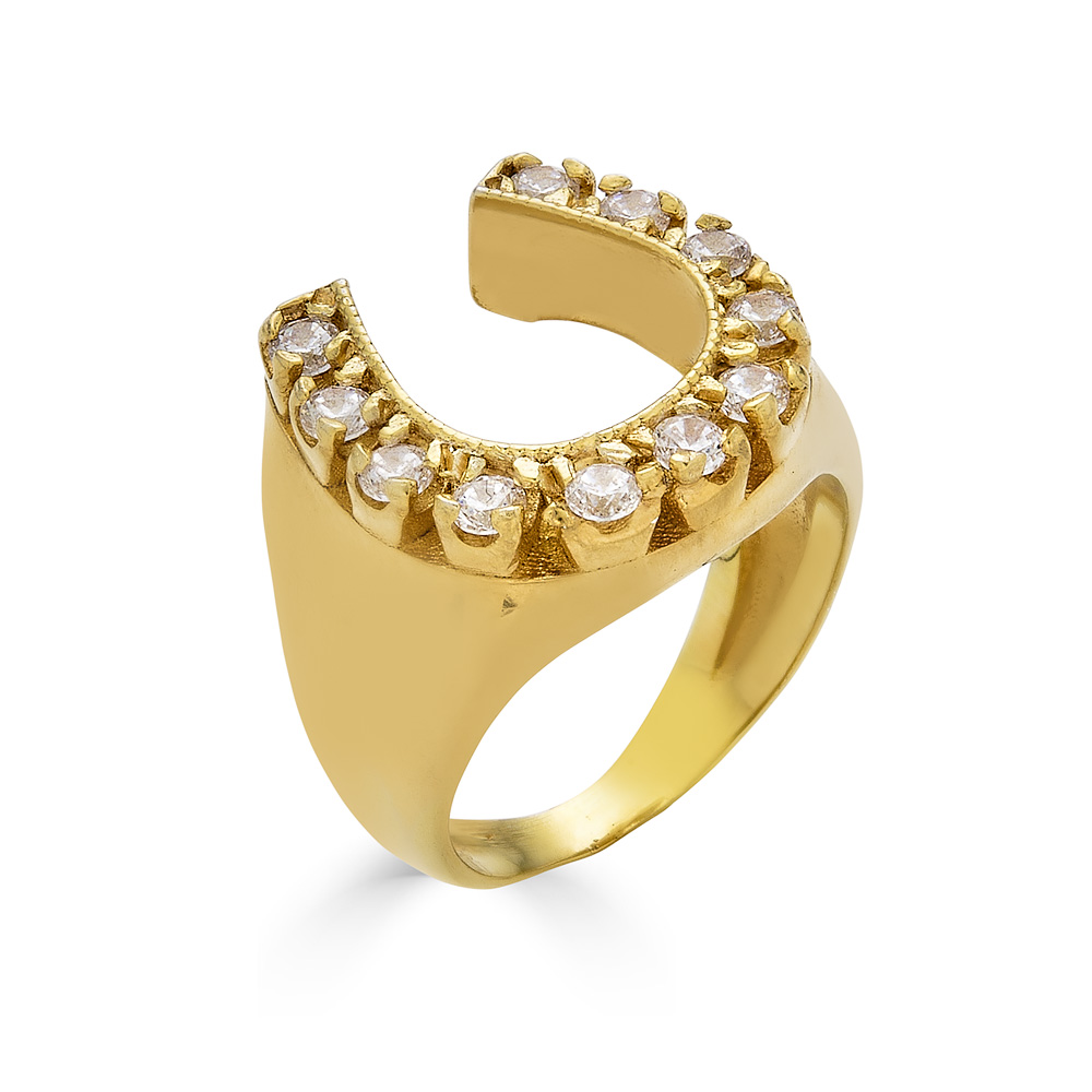 14K White Gold Diamond Horseshoe Vintage Men's Pinky Ring | Gage Diamonds